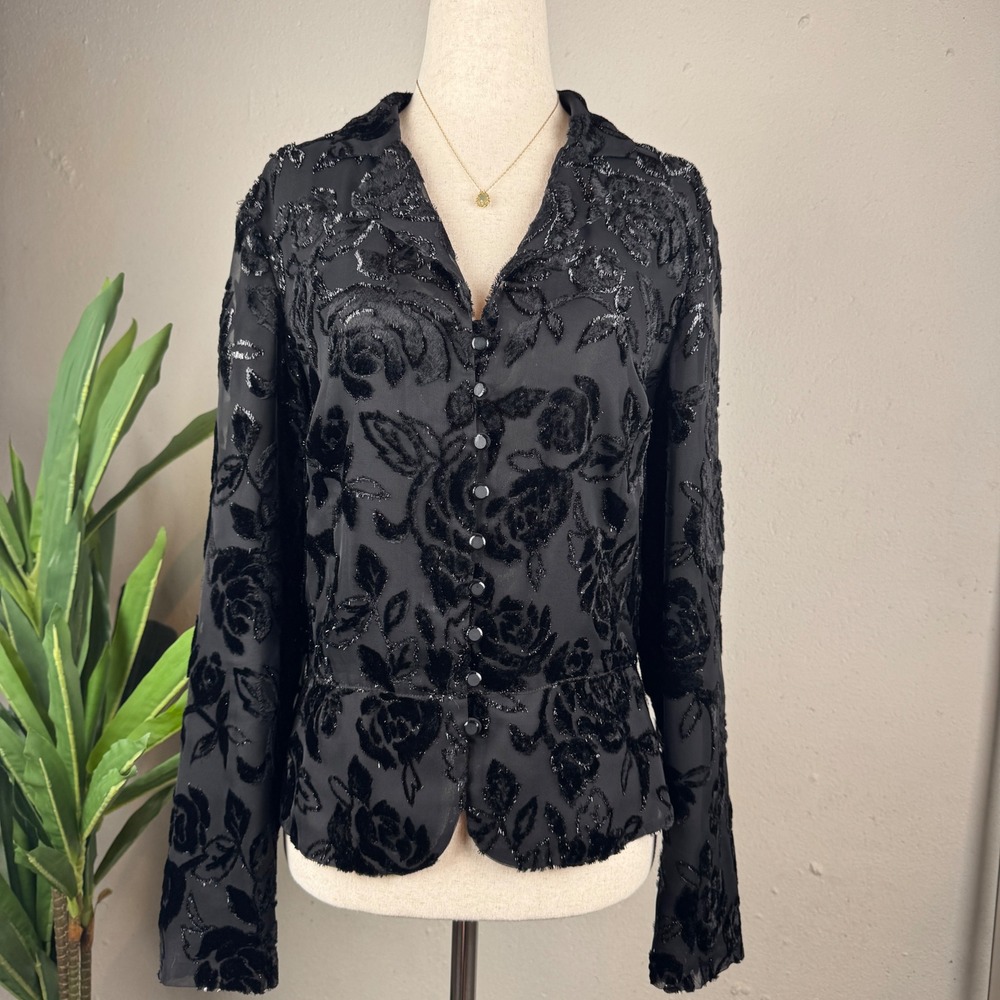 Vintage Whimsigoth Velvet Burnout Black Floral Rose Sheer Talbots Blouse Size 10